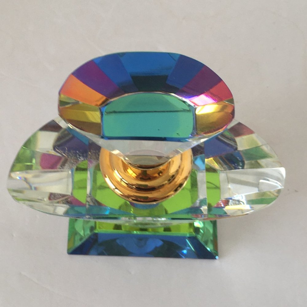 Vintage Crystal Perfume Bottle Art Deco Style Gold Plated Throat 6 1/8in Tall